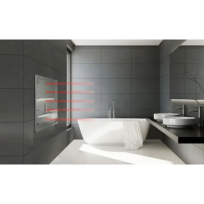 Admiral Infrarot-Spiegelheizkörper - 700 x 550 mm, 500 W - Ein modernes Badezimmer mit einem schlanken, beheizten Handtuchwärmer, der an der Wand montiert ist und für Wärme und Komfort sorgt.