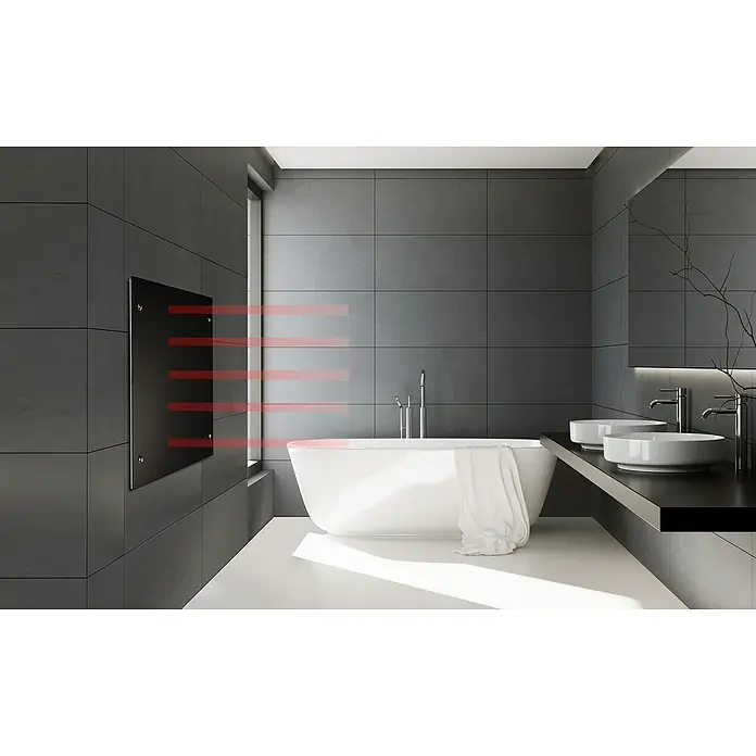 Admiral Infrarot-Glasheizkörper - 700 x 550 mm, 500 W, Schwarz - Das Bild zeigt einen stilvollen Heizkörper in einem modernen Badezimmer, der Wärme und Eleganz vereint. Die Infrarot-Heizung sorgt für ein angenehmes Raumklima.