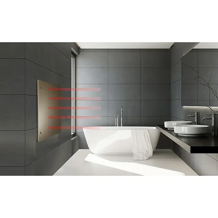 Admiral Infrarot-Glasheizkörper - 700 x 550 mm, 500 W, Beige, Grau - Das Bild zeigt ein modernes Badezimmer mit grauen Fliesen, einer freistehenden Badewanne und einem Infrarot-Heizpaneel an der Wand.