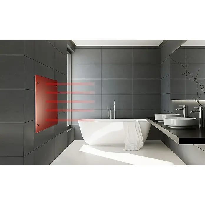 Admiral Infrarot-Glasheizkörper - 700 x 550 mm, 500 W, Rot - Das Bild zeigt einen modernen Badezimmerheizkörper an einer gefliesten Wand, der mit Infrarot-Technologie Wärme abstrahlt und ein stilvolles Ambiente schafft.