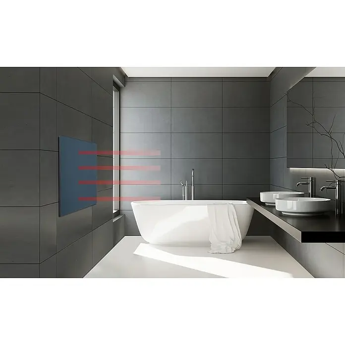 Admiral Infrarot-Metallheizkörper - 600 x 600 mm, 365 W, Anthrazit - Das Bild zeigt eine Infrarotheizung im Badezimmer. Die Infrarotheizung ist an der Wand montiert und sorgt für Wärme im Raum.