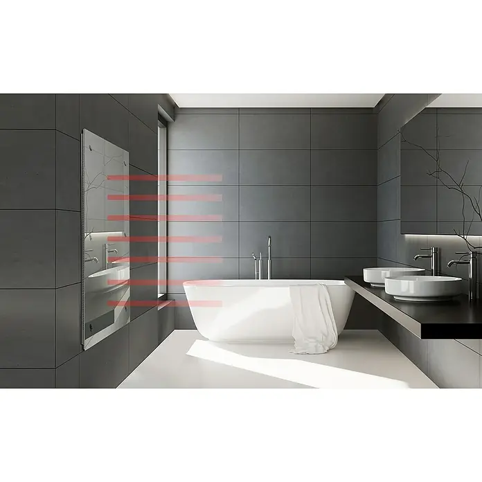 Admiral Infrarot-Spiegelheizkörper - 450 x 1.200 mm, 850 W - Elegantes Badezimmer mit grauem Fliesenboden und Wandheizkörper. Die Badewanne und das Doppelwaschbecken sind die Highlights des Raumes.