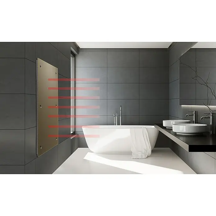 Admiral Infrarot-Glasheizkörper - 450 x 1.200 mm, 850 W, Beige, Grau - Ein modernes Badezimmer mit einem eleganten Heizkörper, einer freistehenden Badewanne und einem Doppelwaschtisch. Die grauen Fliesen sorgen für eine stilvolle Atmosphäre.