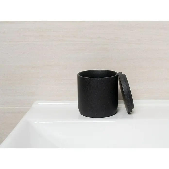 Camargue Wattestäbchen-Behälter Stone - Polyresin, Anthrazit, Höhe: 9,2 cm - Elegantes schwarzes Keramikgefäß mit Deckel, ideal für Badezimmeraccessoires. Stilvolles Design für moderne Einrichtungen.