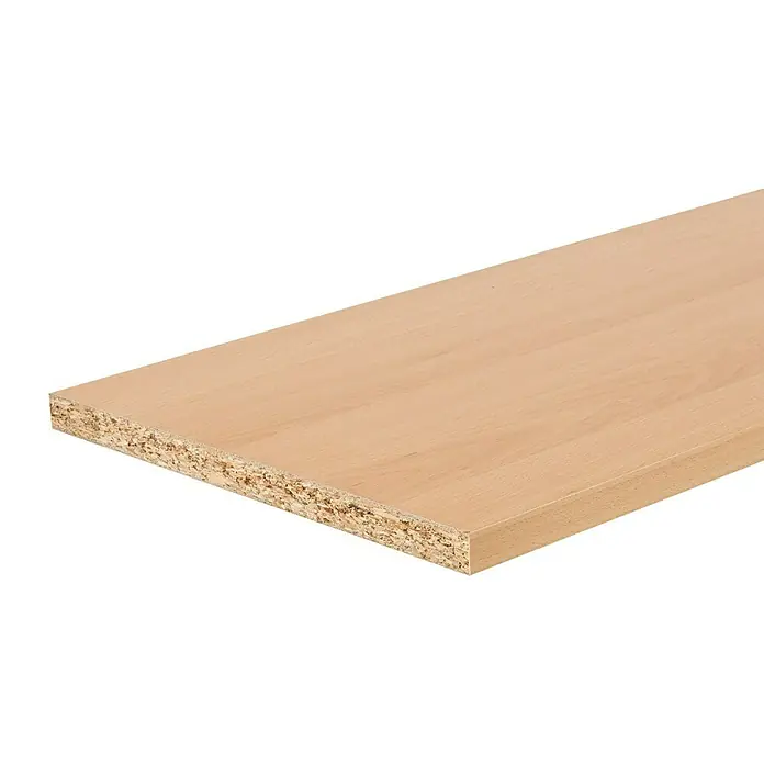 Möbelbauplatte - Buche Hell, 260 x 30 x 1,9 cm - Nahaufnahme einer melaminbeschichteten Spanplatte in hellem Holzton, ideal für Möbelbau und Innenausbau.\n