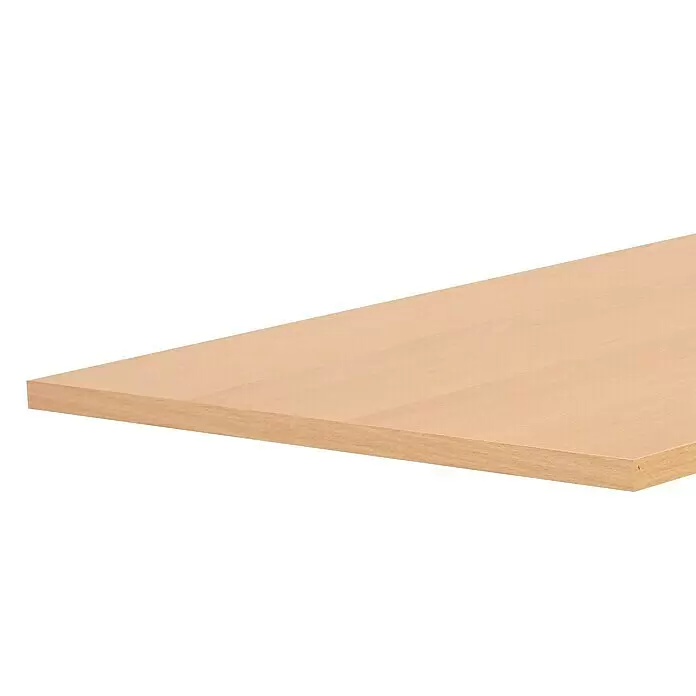 Regalboden - Buche Hell, 120 x 40 x 1,6 cm - Helles braunes Holzbrett oder Regal, schräg gezeigt, um seine Dicke zu offenbaren.