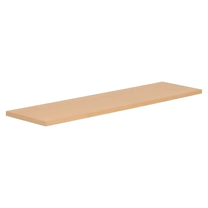 Regalboden - Buche Hell, 80 x 20 x 1,6 cm - Nahaufnahme eines unbehandelten Holzregals, das die natürliche Maserung und die helle Farbe des Holzes hervorhebt. Ideal für DIY-Projekte.