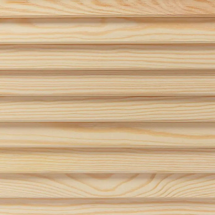 Lamellentür - B x H: 394 x 762 mm, Art Lamellen: Offen, Natur - Nahaufnahme von hellen Holzjalousien, die eine natürliche Textur und Wärme für jeden Raum bieten. Perfekt für die Fensterdekoration.