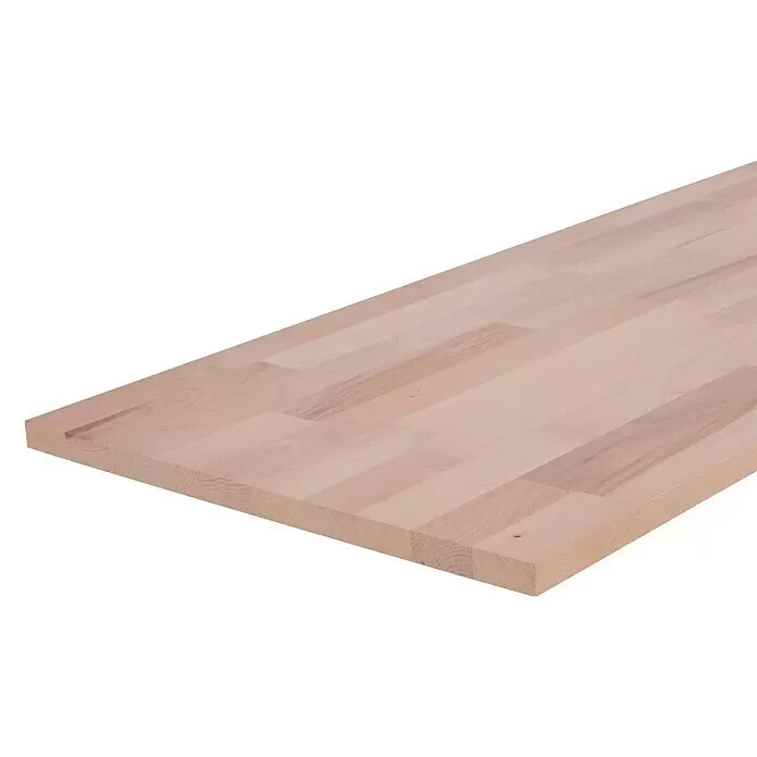 Leimholzplatte - Buche, Qualitätsstufe Leimholzplatte: B/C, 2.500 x 400 x 18 mm - Helle Holz-Arbeitsplatte in Leimholzoptik mit sichtbarer Maserung.