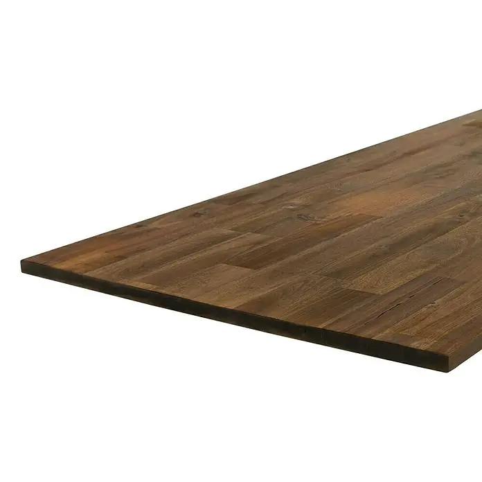 Exclusivholz Leimholzplatte - Akazie, Qualitätsstufe Leimholzplatte: B/C, 2.200 x 600 x 18 mm - Nahaufnahme einer eleganten Akazienholz-Tischplatte mit einer warmen, natürlichen Maserung, ideal für hochwertige Möbel und Inneneinrichtung.