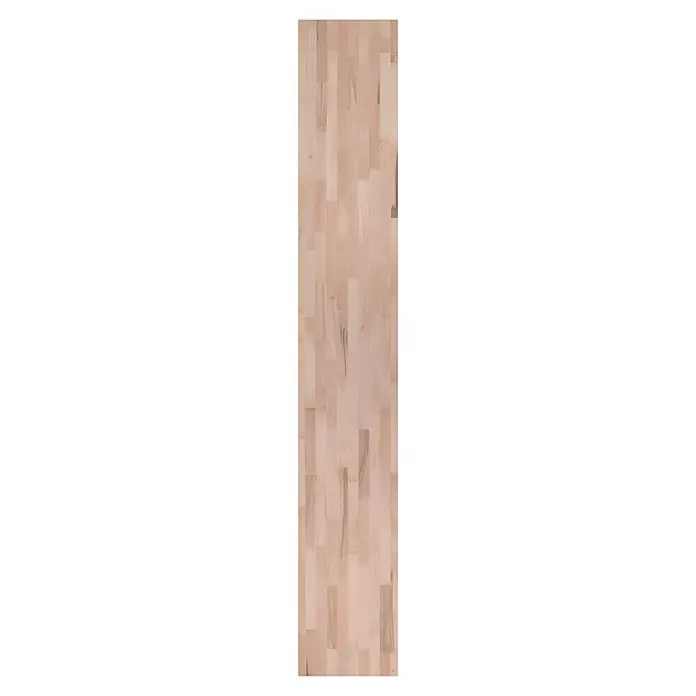 Leimholzplatte - Buche, Qualitätsstufe Leimholzplatte: B/C, 2.500 x 400 x 18 mm - Detailaufnahme einer hellen Massivholzplatte mit warmer Ausstrahlung und sichtbaren Holzstrukturen. Perfekt für Möbelbau und Innenausbau.