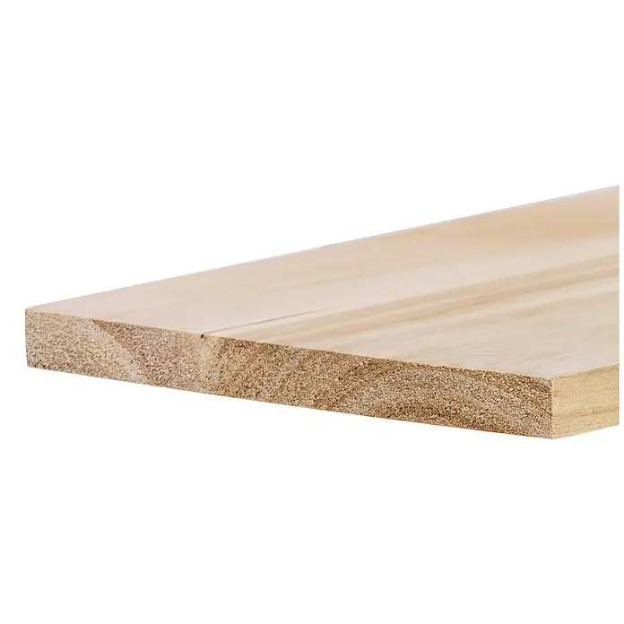 Exclusivholz Tablero de madera laminada - Paulonia, Nivel de calidad del tablero de madera laminada: A/B, 800 x 200 x 18 mm - Primer plano de una tabla de madera clara sin tratar que muestra la veta natural y la textura de la madera.