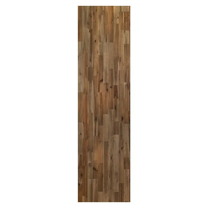 Exclusivholz LeimholzplatteAkazie, 2.200 x 600 x 18 mm - Eine Nahaufnahme eines Musters aus hellbraunen Holzdielen. Das Holzmuster erzeugt ein rustikales und natürliches Ambiente.