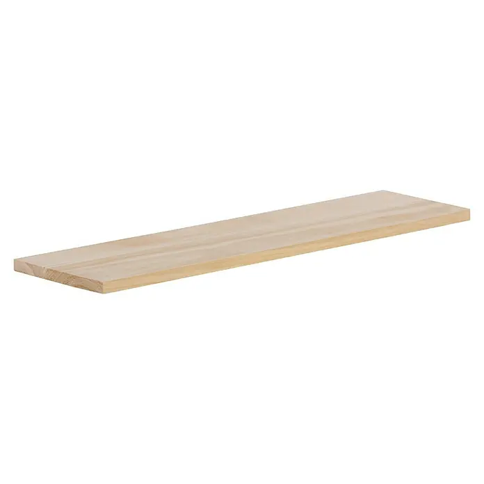Exclusivholz Tablero de madera laminada - Paulonia, Nivel de calidad del tablero de madera laminada: A/B, 800 x 200 x 18 mm - Primer plano de una tabla de madera que muestra su grano, ideal para proyectos de construcción o artesanía. La madera de color claro está sin tratar y lista para usar.