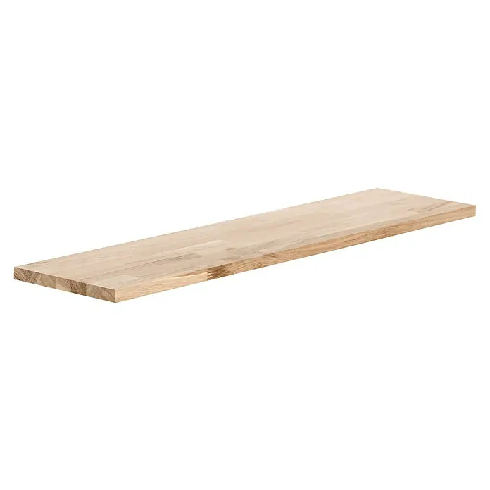 Exclusivholz Leimholzplatte - Eiche, Qualitätsstufe Leimholzplatte: B/C, 800 x 200 x 18 mm - Detailaufnahme einer hellen, unbehandelten Holzplatte mit sichtbarer Maserung und geleimten Holzstücken, ideal für Möbelbau oder DIY-Projekte.