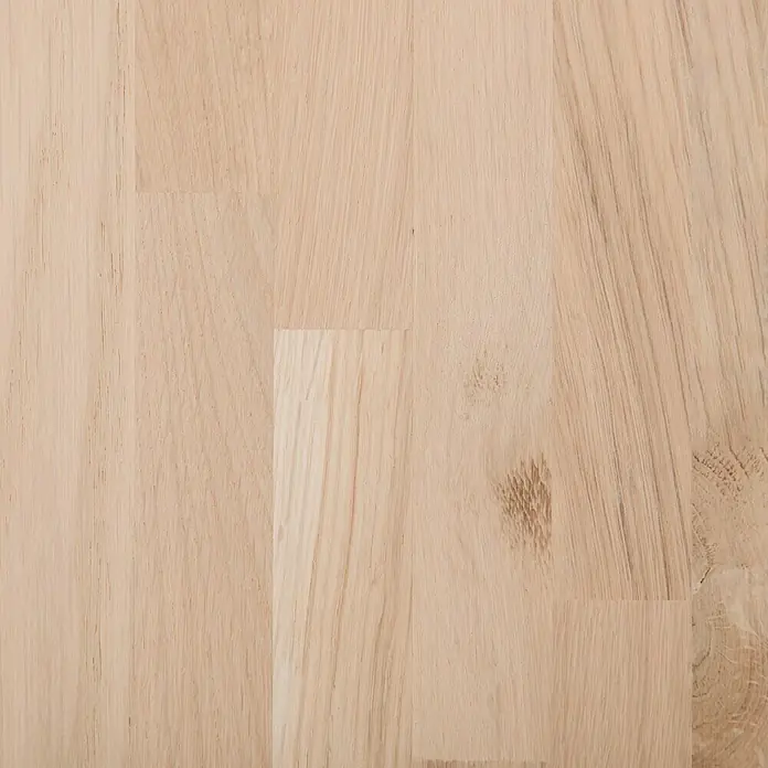 Exclusivholz Leimholzplatte - Eiche, Qualitätsstufe Leimholzplatte: B/C, 800 x 200 x 18 mm - Nahaufnahme einer hellen Holzoberfläche mit ausgeprägter Maserung, ideal für Möbel oder Dekoration.