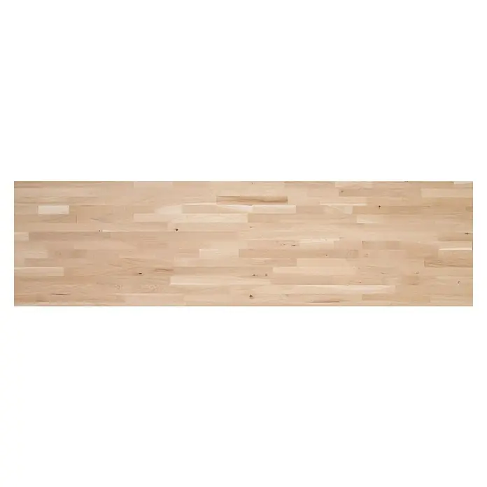 Exclusivholz Leimholzplatte - Eiche, Qualitätsstufe Leimholzplatte: B/C, 2.200 x 600 x 18 mm - Eine Nahaufnahme einer hellen Holzplatte, die eine natürliche und warme Maserung aufweist. Ideal für Möbelbau und Innenausbau mit ihrem modernen Look.