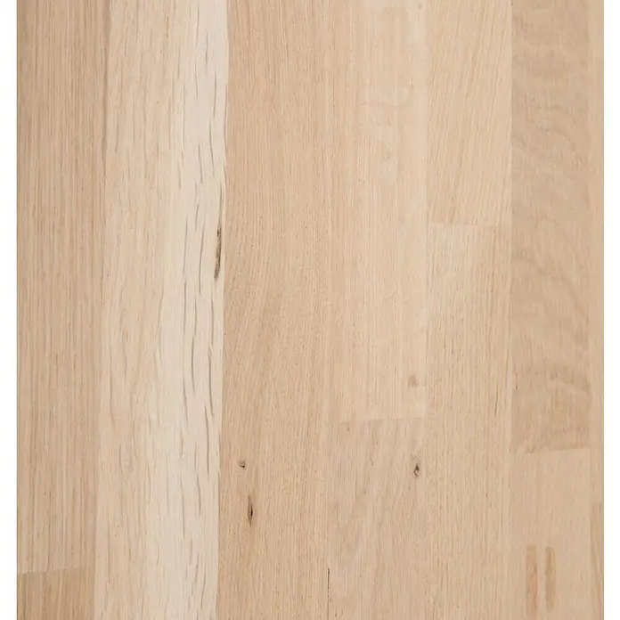 Exclusivholz Leimholzplatte - Eiche, Qualitätsstufe Leimholzplatte: B/C, 2.200 x 600 x 18 mm - Nahaufnahme einer hellen Holzplatte, die die natürliche Maserung und Textur des Materials hervorhebt. Ideal für Möbel und Innenausbau.