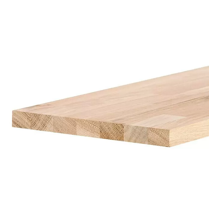 Exclusivholz Leimholzplatte - Eiche, Qualitätsstufe Leimholzplatte: B/C, 800 x 200 x 18 mm - Helle, keilgezinkte Massivholzplatte, die Stirnseite und Oberfläche zeigt.