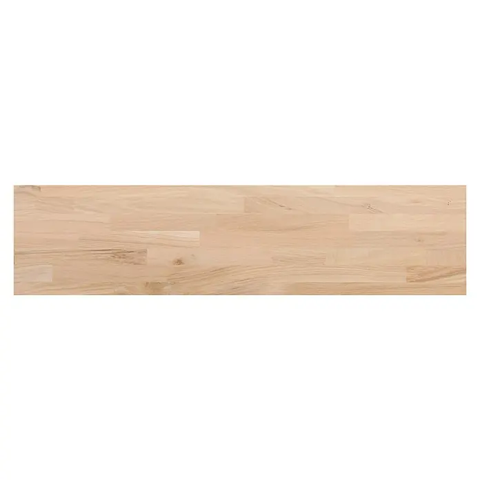 Exclusivholz Leimholzplatte - Eiche, Qualitätsstufe Leimholzplatte: B/C, 800 x 200 x 18 mm - Eine Ansicht von oben auf eine Holzoberfläche, die aus hellen Holzblöcken zusammengesetzt ist und eine natürliche Textur und Maserung aufweist.