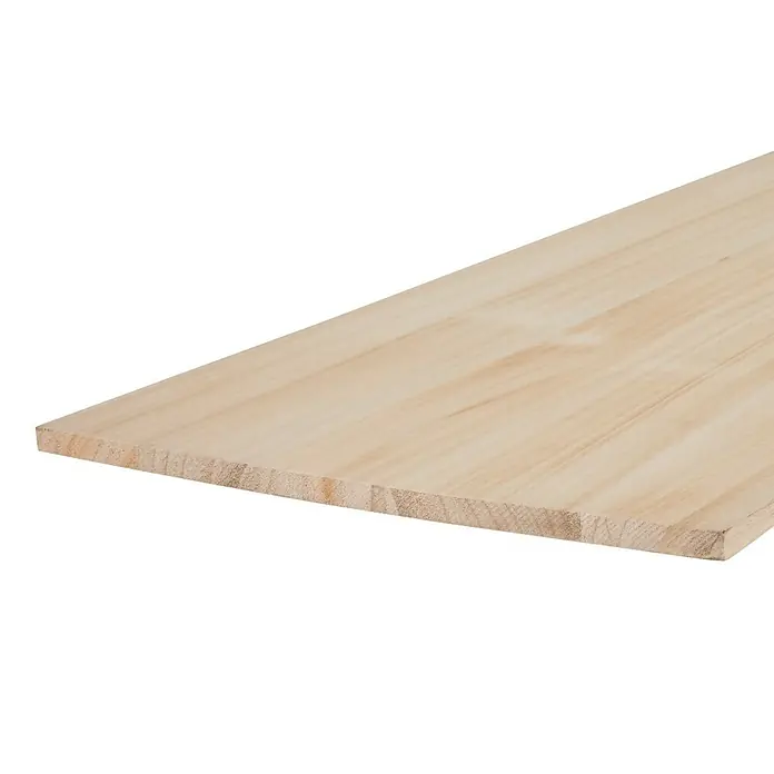 Exclusivholz Tablero de madera laminada - Paulonia, Nivel de calidad del tablero de madera laminada: A/B, 2.200 x 600 x 18 mm - Primer plano de una tabla de madera sin acabar, que muestra su grano y tonos claros, perfecta para proyectos de muebles o bricolaje.