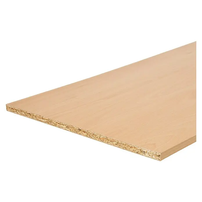 Möbelbauplatte - Buche Hell, 260 x 50 x 1,9 cm - Detailaufnahme einer Spanplatte mit glatter Oberfläche. Ideal für Möbelbau und Innenausbau mit sichtbarer Spanstruktur.