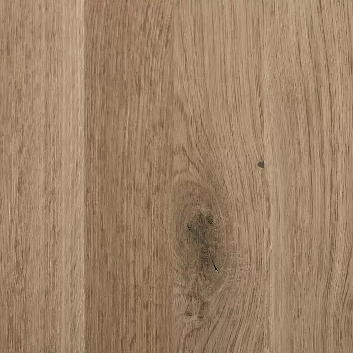 Exclusivholz Leimholzplatte Rustic - Eiche, Qualitätsstufe Leimholzplatte: B/C, 800 x 200 x 20 mm - Hellebraune Holztextur mit sichtbarer Maserung und dunklem Ast.