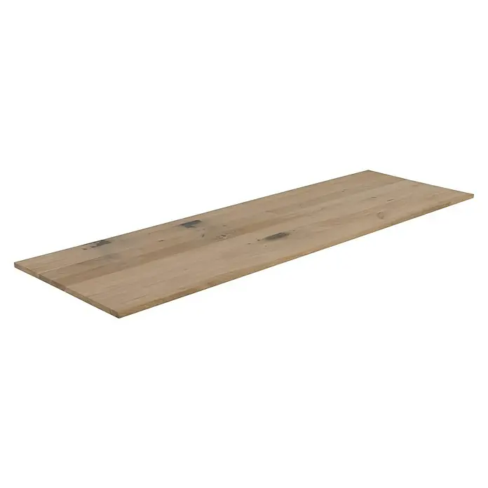 Exclusivholz Leimholzplatte Rustic - Eiche, Qualitätsstufe Leimholzplatte: B/C, 2.000 x 600 x 20 mm - Ein rechteckiges, hellbraunes Holzbrett mit einigen dunkleren Verfärbungen auf der Oberfläche, isoliert vor einem schwarzen Hintergrund.