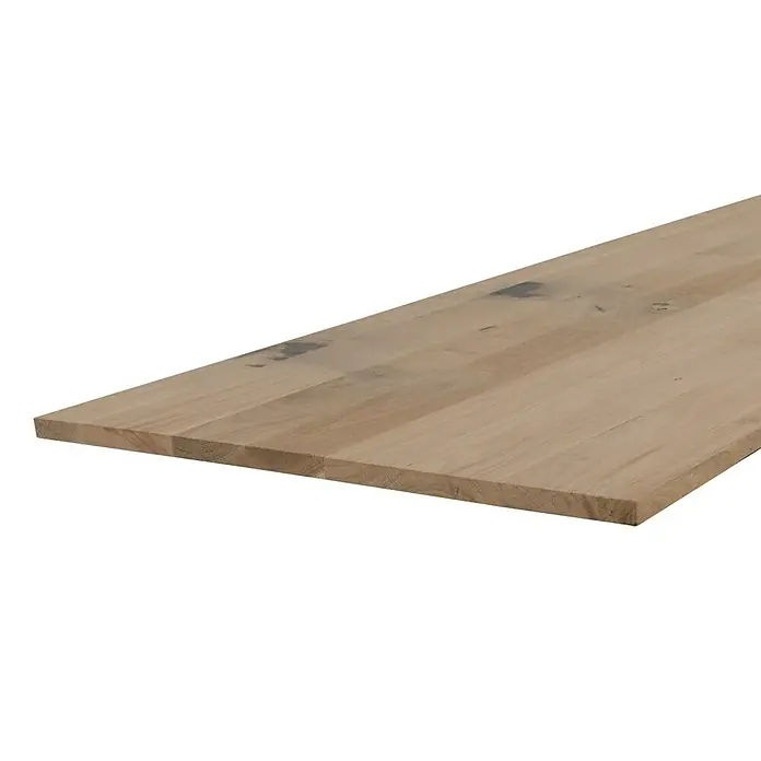 Exclusivholz Leimholzplatte Rustic - Eiche, Qualitätsstufe Leimholzplatte: B/C, 2.000 x 600 x 20 mm - Nahaufnahme einer hellen Holzplatte mit sichtbarer Maserung, ideal für Möbelbau oder Dekoration.