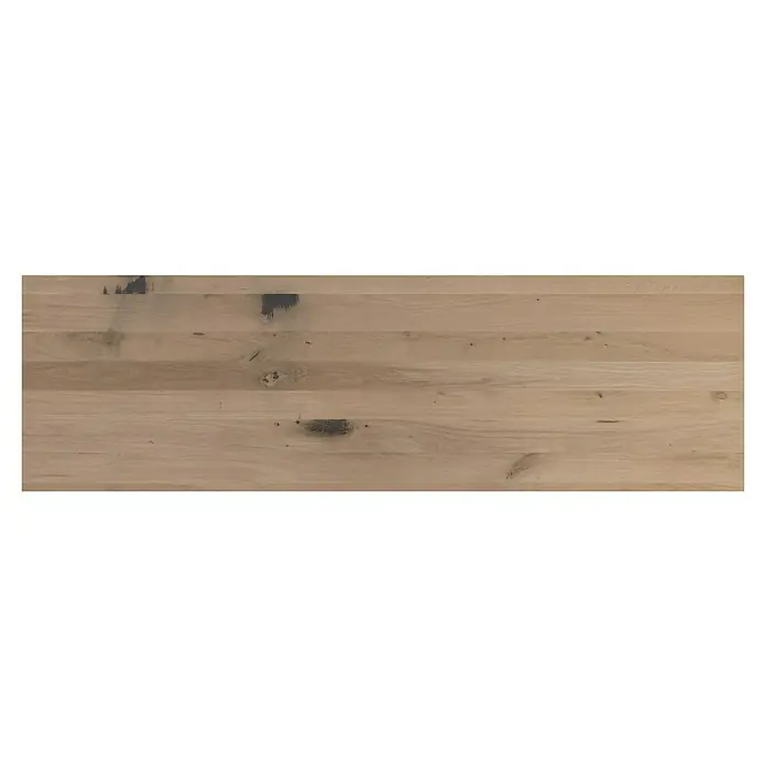Exclusivholz Leimholzplatte Rustic - Eiche, Qualitätsstufe Leimholzplatte: B/C, 2.000 x 600 x 20 mm - Eine Nahaufnahme einer hellen Holzplatte mit sichtbaren Maserungen und Astlöchern, ideal für Möbel oder Dekorationszwecke.