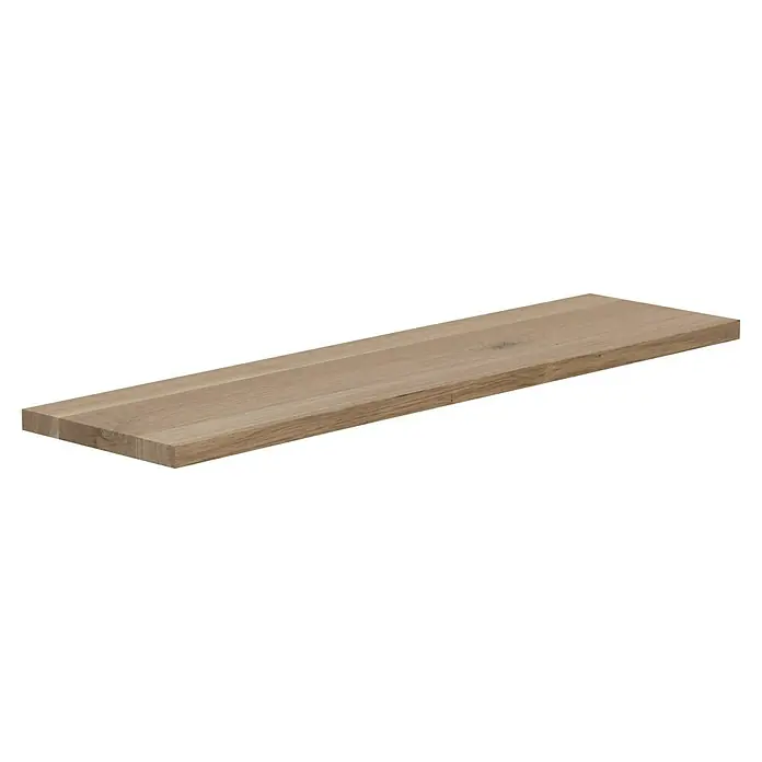 Exclusivholz Leimholzplatte Rustic - Eiche, Qualitätsstufe Leimholzplatte: B/C, 800 x 200 x 20 mm - Nahaufnahme eines einzelnen schwebenden Holzregals mit einer schönen, natürlichen Holzmaserung auf schwarzem Hintergrund.