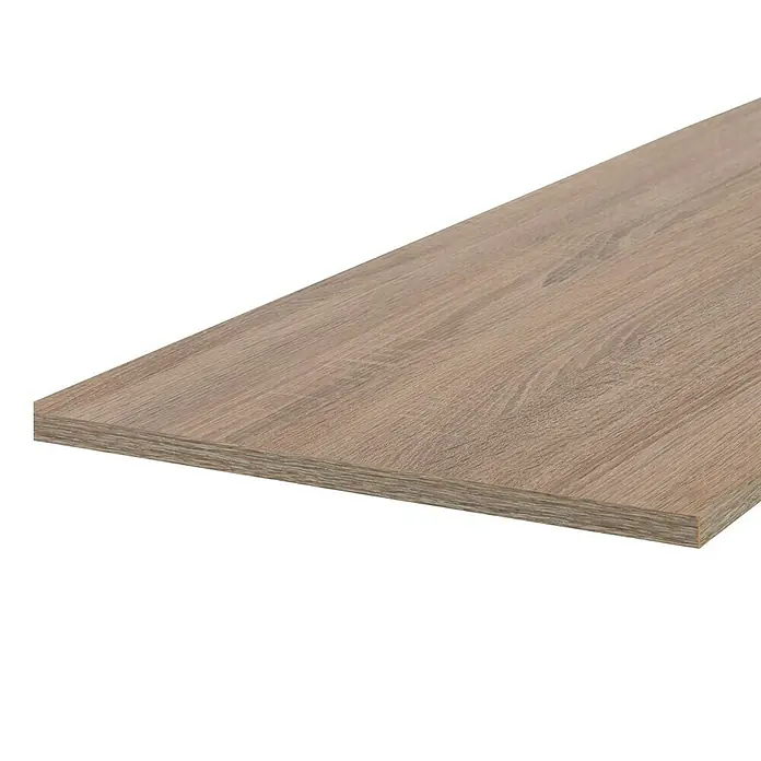 Regalboden - Eiche Sonoma, 200 x 40 x 1,6 cm - Nahaufnahme einer hellbraunen Holzplatte mit Maserung und Kante auf schwarzem Hintergrund, ideal für Möbeldesigns.