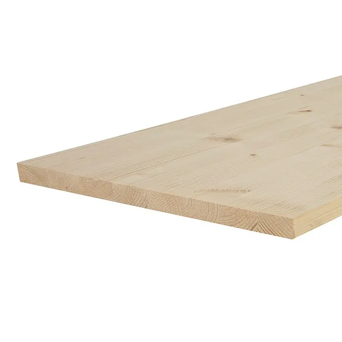 Exclusivholz Leimholzplatte - Fichte, Qualitätsstufe Leimholzplatte: A/B, 2.500 x 400 x 28 mm - Nahaufnahme einer hellen, unbehandelten Holzbohle mit sichtbarer Maserung und Schnittkante. Ideal für DIY-Projekte und Innenausbau.