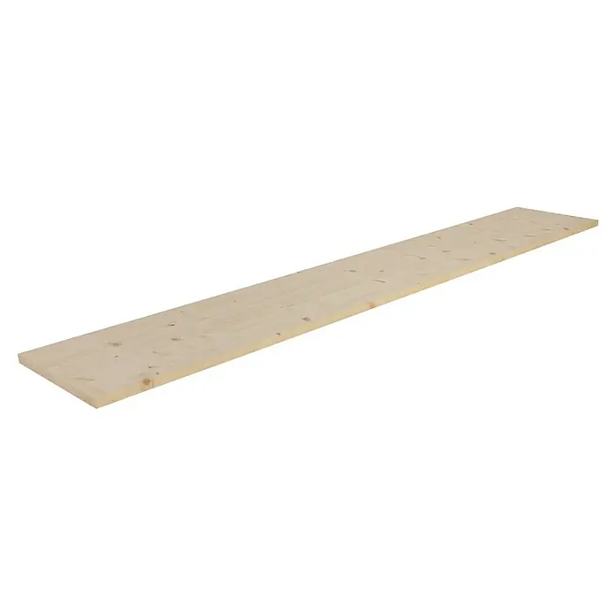 Exclusivholz Leimholzplatte - Fichte, Qualitätsstufe Leimholzplatte: A/B, 2.500 x 400 x 28 mm - Ein unbehandeltes, helles Holzbrett in voller Länge, ideal für DIY-Projekte und Möbelbau. Natürliche Maserung sichtbar.