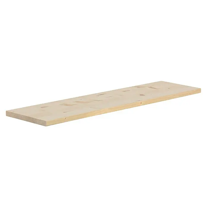 Exclusivholz Leimholzplatte - Fichte, Qualitätsstufe Leimholzplatte: A/B, 800 x 200 x 18 mm - Ein unbehandeltes, helles Holzbrett liegt auf einer schwarzen Oberfläche. Das Brett zeigt natürliche Maserung und Astlöcher.