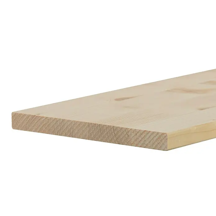 Exclusivholz Leimholzplatte - Fichte, Qualitätsstufe Leimholzplatte: A/B, 800 x 200 x 18 mm - Nahaufnahme einer hellen Holzbohle, die die natürliche Maserung und Beschaffenheit des unbehandelten Holzes zeigt. Ideal für Bau- und DIY-Projekte.