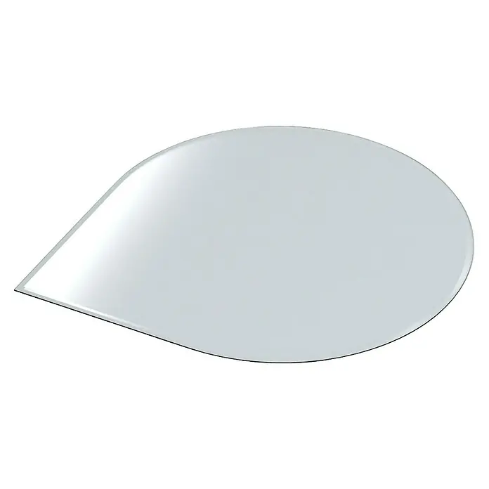 Valo Glasbodenplatte Tropfenförmig - 110 x 110 cm - Das Bild zeigt einen eleganten, tropfenförmigen Spiegel mit abgeschrägten Kanten, der sich ideal für moderne Badezimmer eignet.