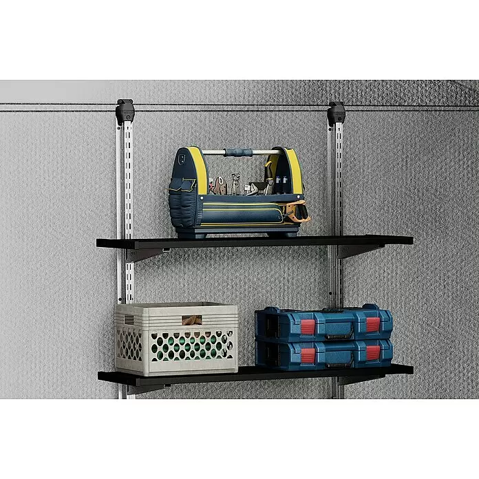 Keter Regal-Set 100 - Passend für: Keter-Gerätehäuser, Anzahl Böden: 3 Stk. - Modulares Regal-System in Schwarz und Silber mit blauer Werkzeugkiste, weißer Kiste und blauen Werkzeugkoffern.