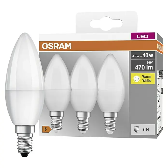 Osram LED-Lampen Set Kerzenform E14 matt - E14, Warmweiß, 470 lm, 5,3 W, 3 Stk. - Das Bild zeigt eine Packung Osram LED-Lampen in Kerzenform mit E14-Sockel, warmweißem Licht und geringem Energieverbrauch.
