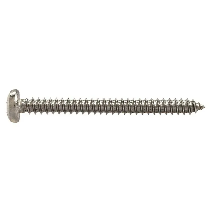 Marinetech Blechschraube - Ø x L: 3,5 x 25 mm, A4, Edelstahl, Kopf-Kreuzschlitz (Pozidriv), Linsenkopf - Nahaufnahme einer einzelnen, silberfarbenen Blechschraube mit flachem Kopf und Gewinde auf schwarzem Hintergrund.
