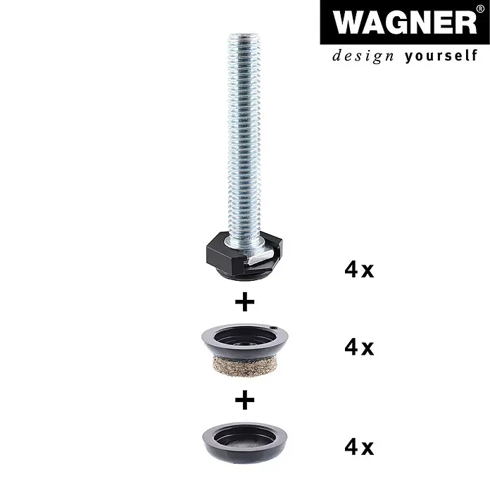 Wagner System Verstellfüße - Länge Gewinde: 50 mm, Durchmesser Gewinde: 8 mm, 4 Stk. - Produktbild eines Möbelgleiters von Wagner mit Schraube, Filzeinsatz und Kunststoffkappe, dargestellt als Set.