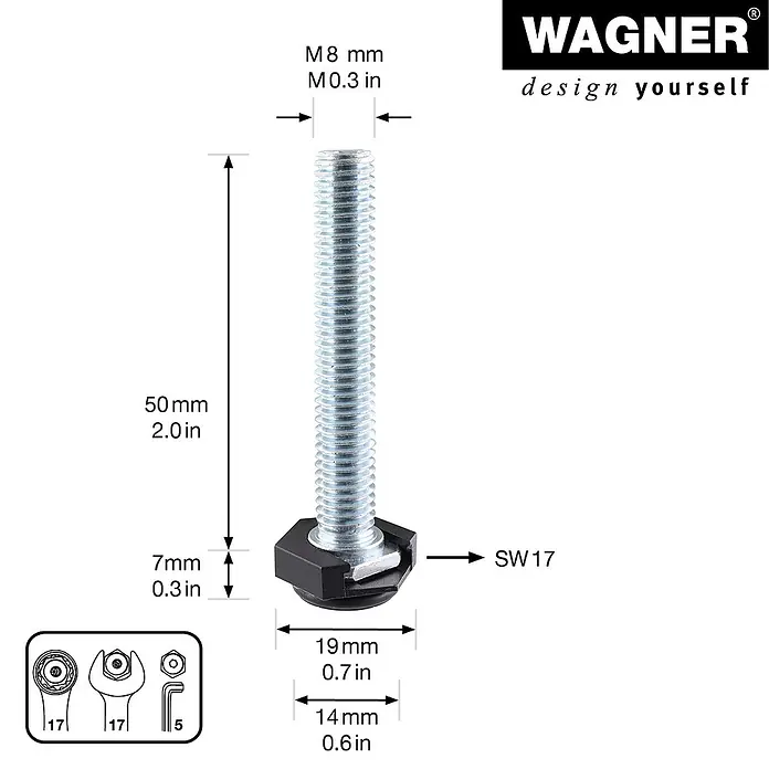 Wagner System Verstellfüße - Länge Gewinde: 50 mm, Durchmesser Gewinde: 8 mm, 4 Stk. - Produktdarstellung: Ein M8 Stellfuß mit den Maßen 50mm Länge, 19mm Durchmesser und einer Schlüsselweite von SW17.