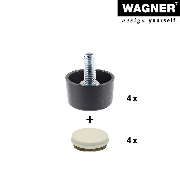 Wagner System Verstellfüße Justus Duo - Durchmesser: 25 mm, Schrauben, 4 Stk. - Abbildung eines Sets aus vier schwarzen Möbelgleitern mit Gewinde und vier weißen Filzgleitern für den Möbelbau.
