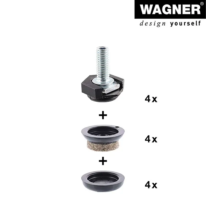 Wagner System Verstellfüße - Länge Gewinde: 15 mm, Durchmesser Gewinde: 6 mm, 4 Stk. - Produktbild: Wagner Stellfüße zur individuellen Möbelanpassung, 4x Schraube, Filzgleiter und Kappe für optimalen Bodenschutz.