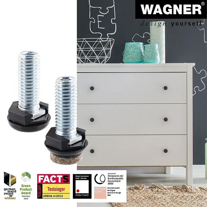 Wagner System Verstellfüße - Länge Gewinde: 25 mm, Durchmesser Gewinde: 10 mm, 4 Stk. - Produktabbildung mit höhenverstellbaren Möbelgleitern mit Gewinde von Wagner für sicheren Stand und Ausgleich auf unebenen Flächen.