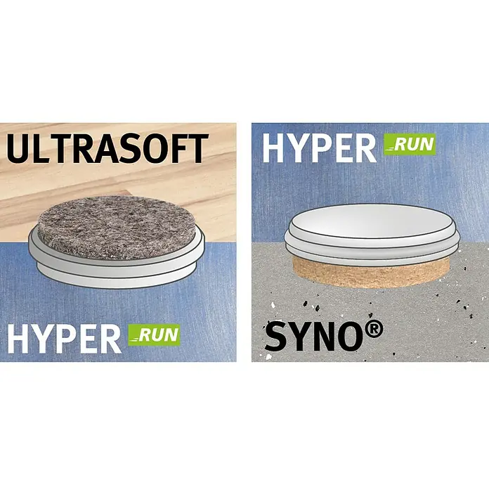Wagner System Filzgleiter Basis - Durchmesser: 25 mm, Schrauben, 4 Stk. - Produktbild mit zwei verschiedenen Möbelgleitern: Ultrasoft Hyper Run und Synor. Die Gleiter sind für verschiedene Bodenarten geeignet.