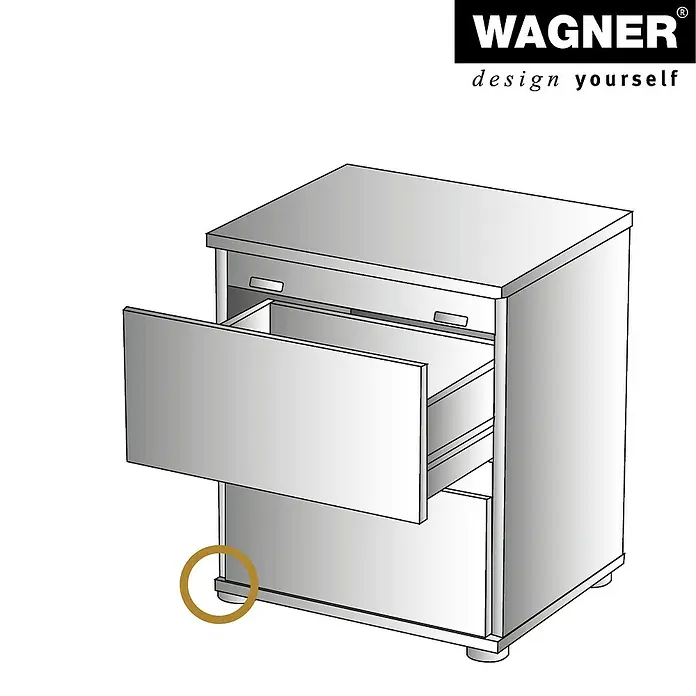 Wagner System Verstellfüße - Länge Gewinde: 8 mm, Durchmesser Gewinde: 6 mm, 4 Stk. - Abbildung eines Nachttisches von Wagner mit einer offenen Schublade, der modernes Design und Funktionalität für Ihr Schlafzimmer bietet.
