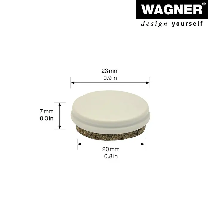 Wagner System Filzgleiter Basis - Durchmesser: 25 mm, Schrauben, 4 Stk. - Produktabbildung eines Möbelschoner von Wagner mit den Maßen 23mm Durchmesser und 7mm Höhe. Design für den Schutz Ihrer Möbel.