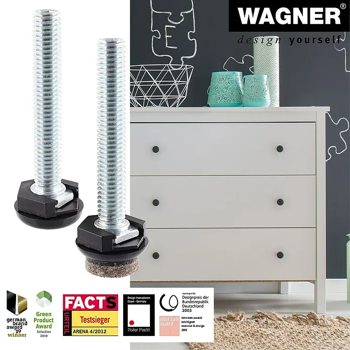 Wagner System Verstellfüße - Länge Gewinde: 50 mm, Durchmesser Gewinde: 8 mm, 4 Stk. - Produktfoto von zwei höhenverstellbaren Möbelfüßen von Wagner mit Filzeinsatz vor einer Kommode.