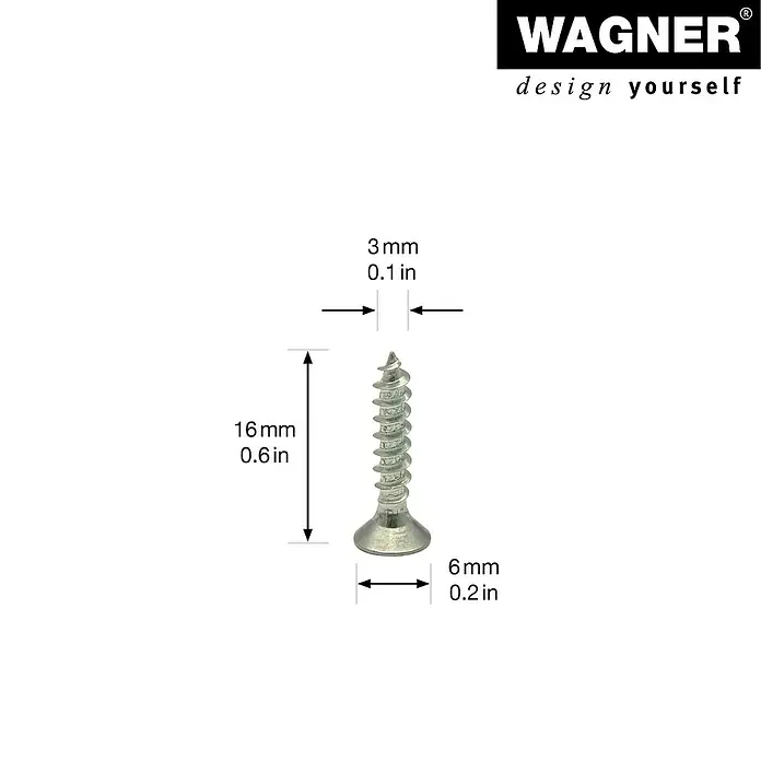 Wagner System Filzgleiter Duo Ultrasoft/Hyper - Durchmesser: 25 mm, 4 Stk., Mit Schraube - Abbildung einer Holzschraube mit den Maßen 16 mm Länge und 3 mm Durchmesser. Diese Schraube ist ideal für verschiedene Holzbearbeitungsprojekte geeignet.